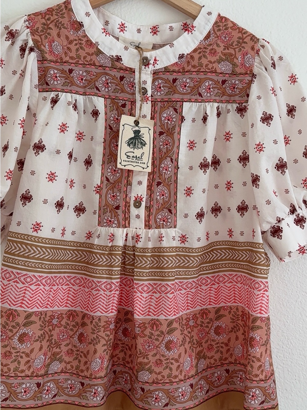 Easel Cream and Rust Floral Boho Button-Front Tunic - Picture 3 of 5